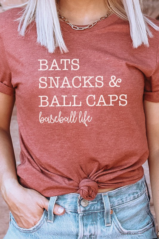 Bats Snacks and BallCaps Baseball Life Graphic Tee