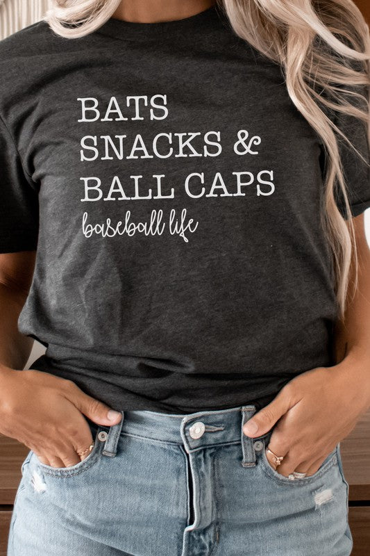 Bats Snacks and BallCaps Baseball Life Graphic Tee