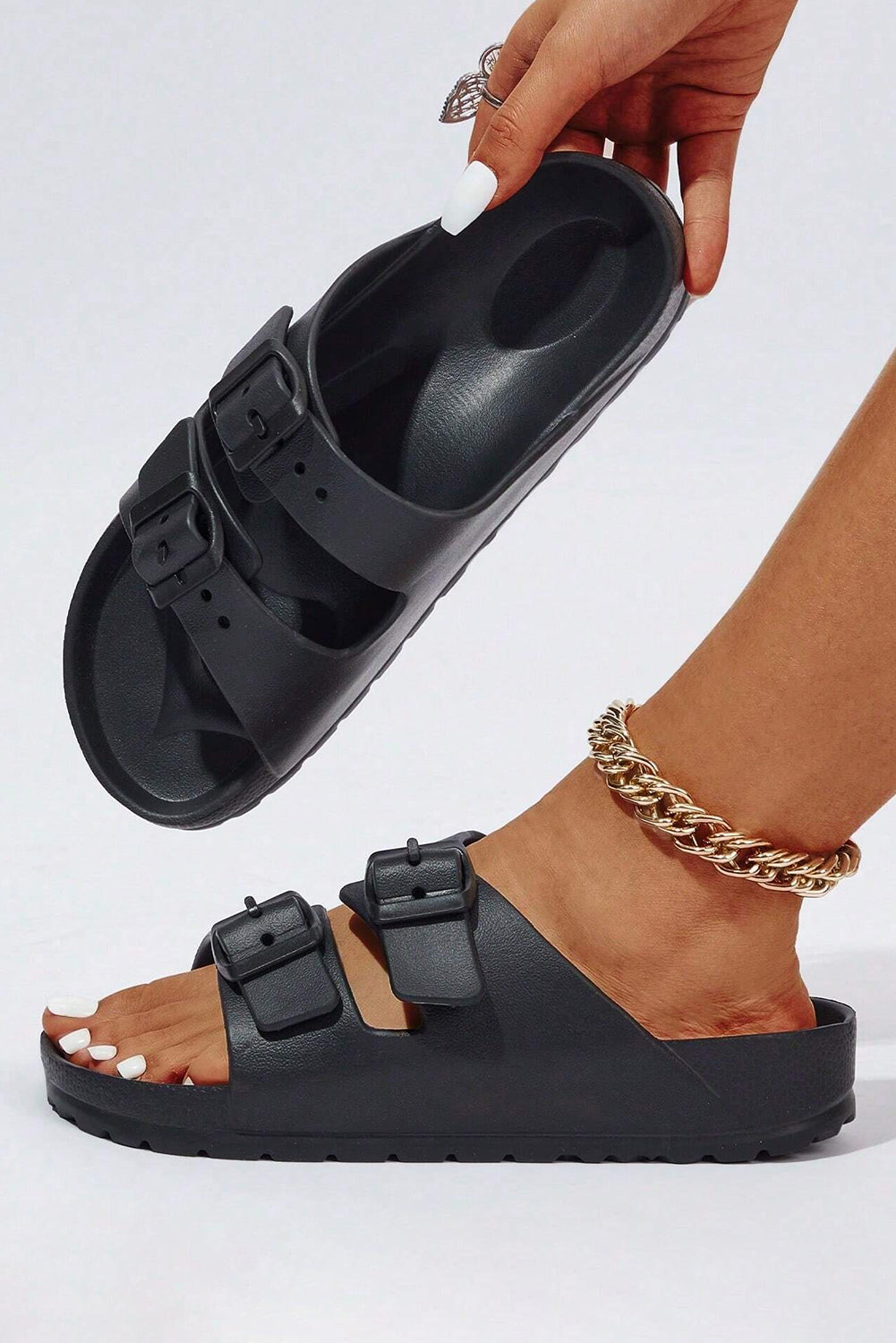 Black Double-Buckle EVA Slippers