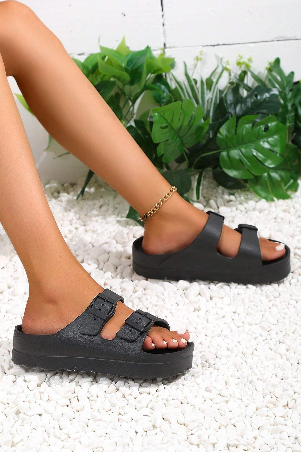 Black Double-Buckle EVA Slippers