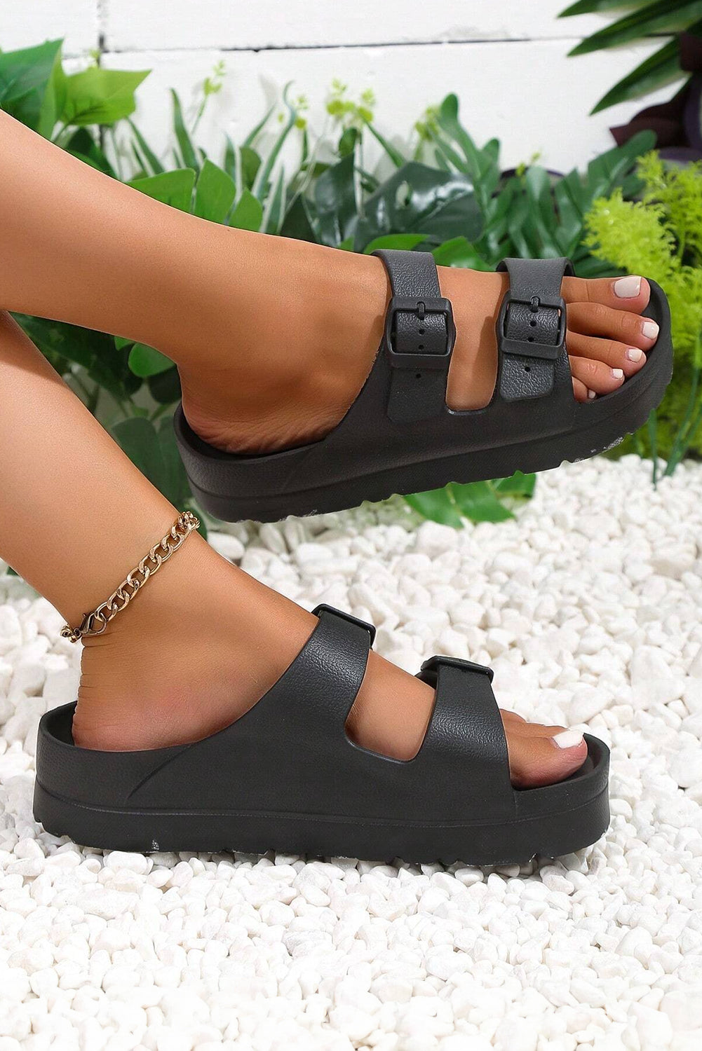 Black Double-Buckle EVA Slippers