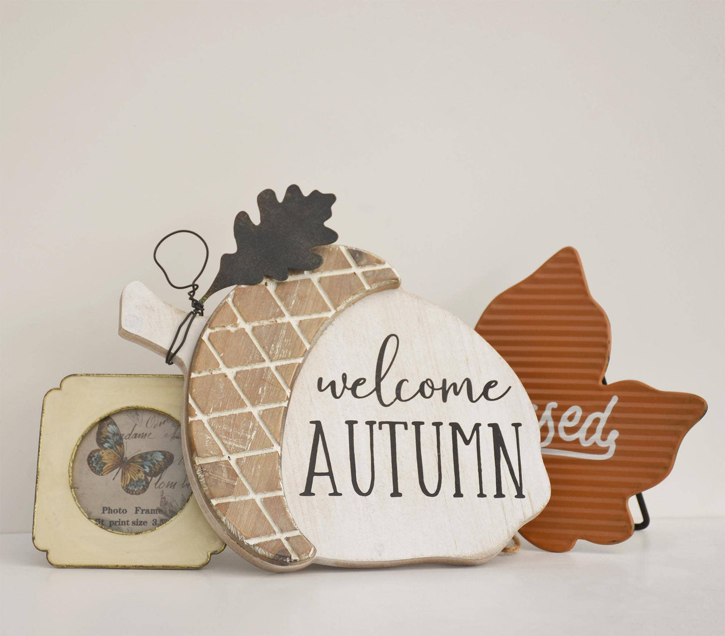 Wood Welcome Autumn Acorn Standing Sign with Metal Leaf