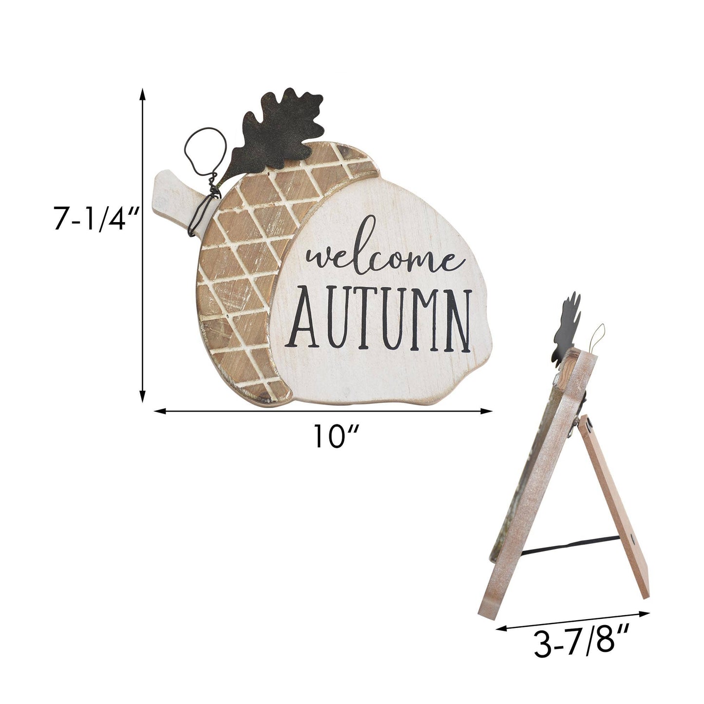 Wood Welcome Autumn Acorn Standing Sign with Metal Leaf