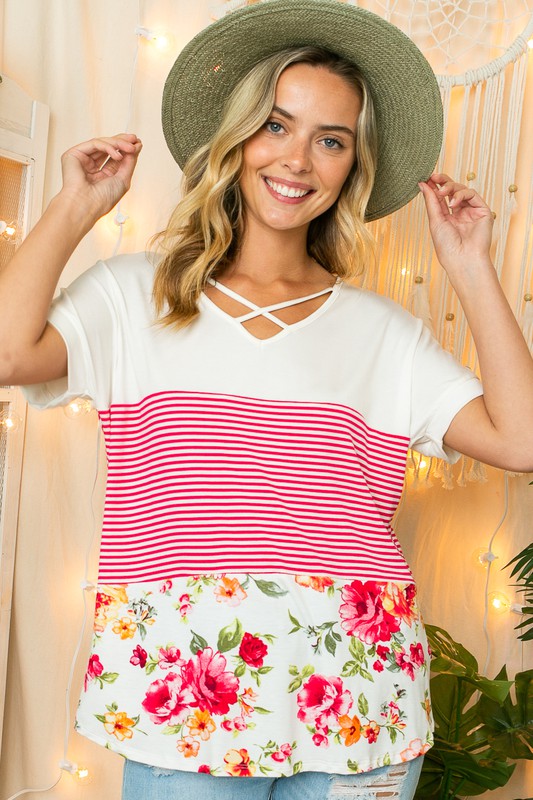 PLUS SOLID STRIPE FLORAL JERSEY TOP