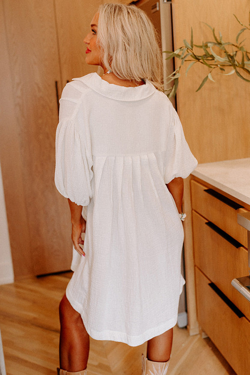 White Half Puff Sleeve Mini Dress
