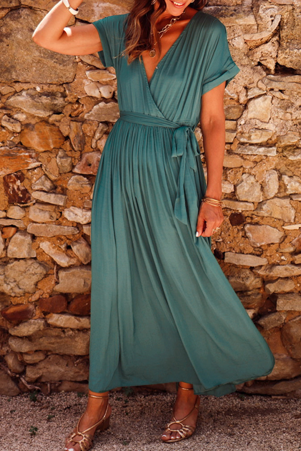 Blackish Green Solid Color V Neck Wrap Pleated Short Sleeve Maxi Dress –  Farmhouse Signs and Co.