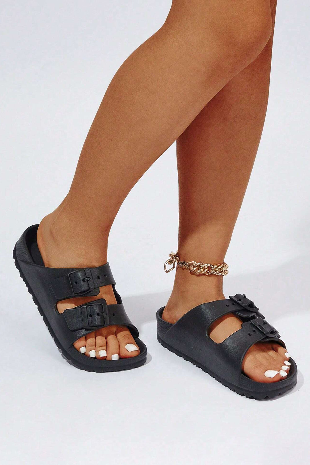 Black Double-Buckle EVA Slippers