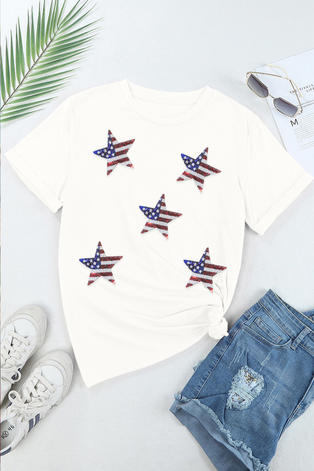 White Sequined American Flag Star Tee