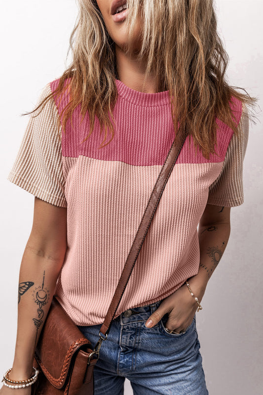 Pink Ribbed Colorblock Tee