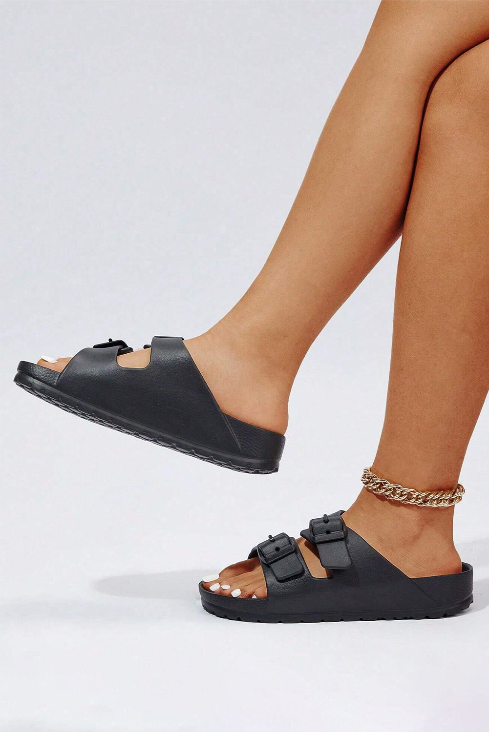 Black Double-Buckle EVA Slippers