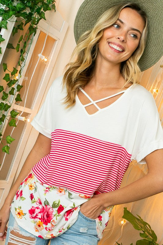 PLUS SOLID STRIPE FLORAL JERSEY TOP