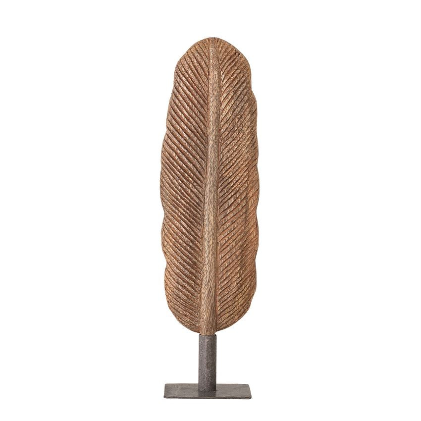 Hand-Carved Mango Wood Feather on Metal Stand