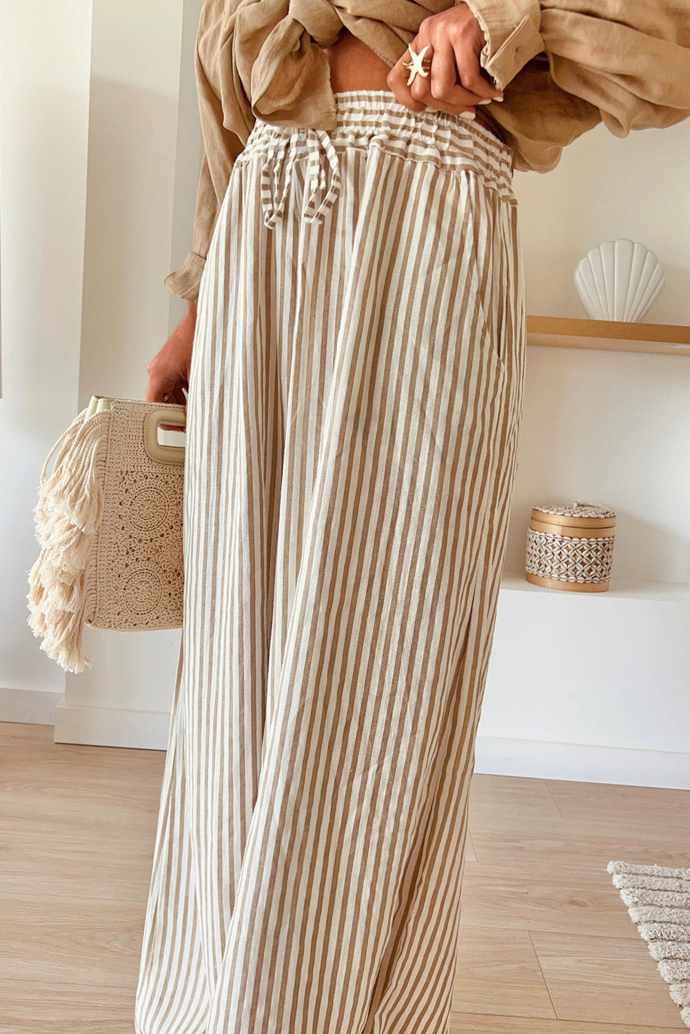 Khaki Stripe Plus Size Wide Leg Pants