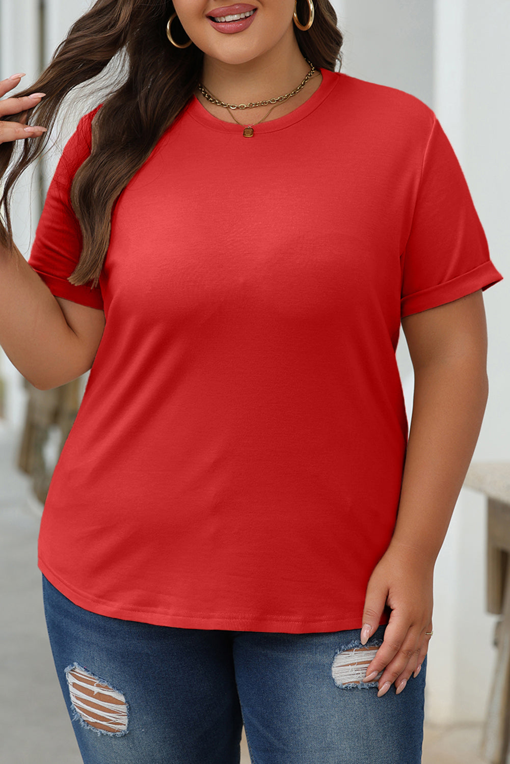 Red Casual Plain Crew Neck Tee