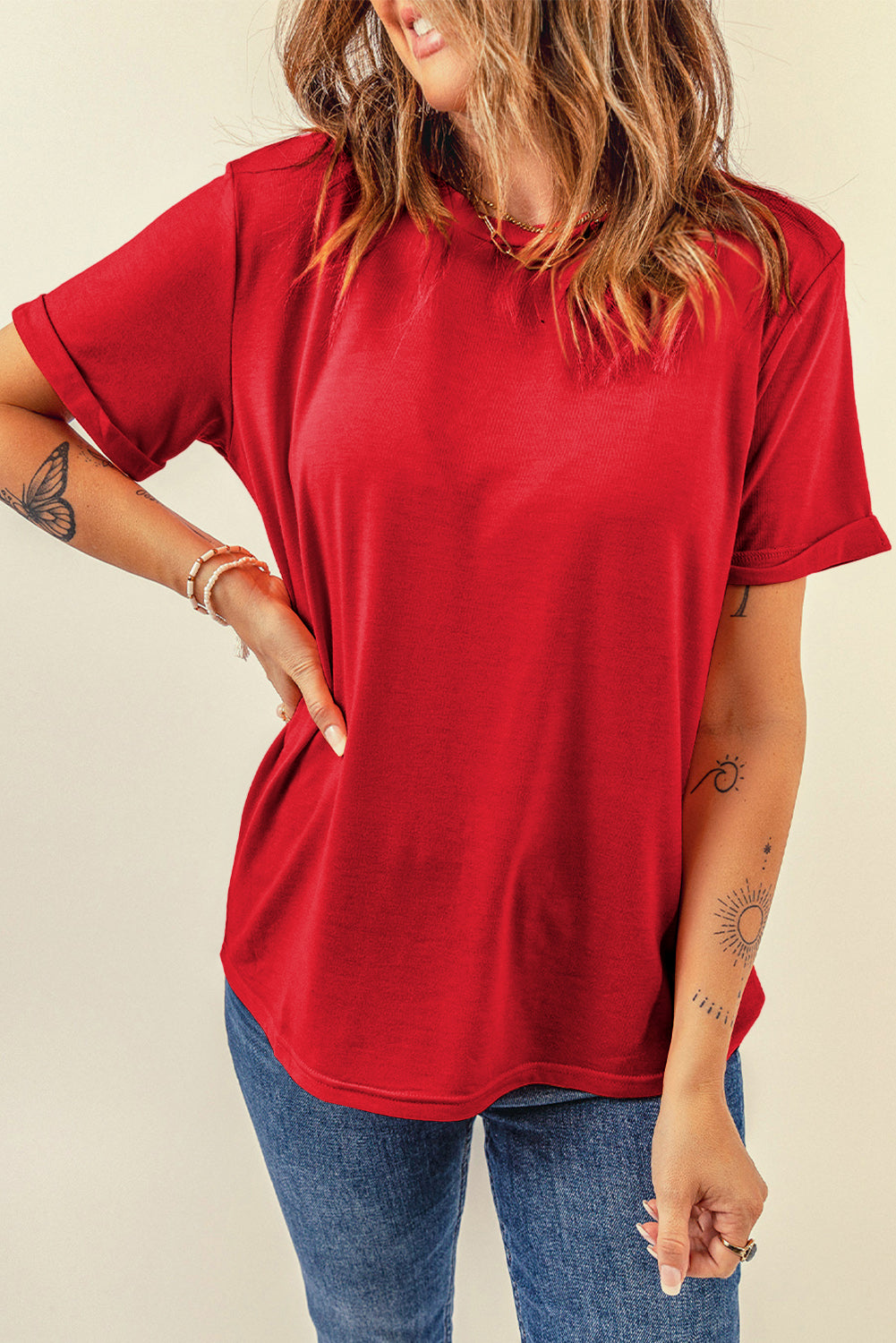 Red Casual Plain Crew Neck Tee