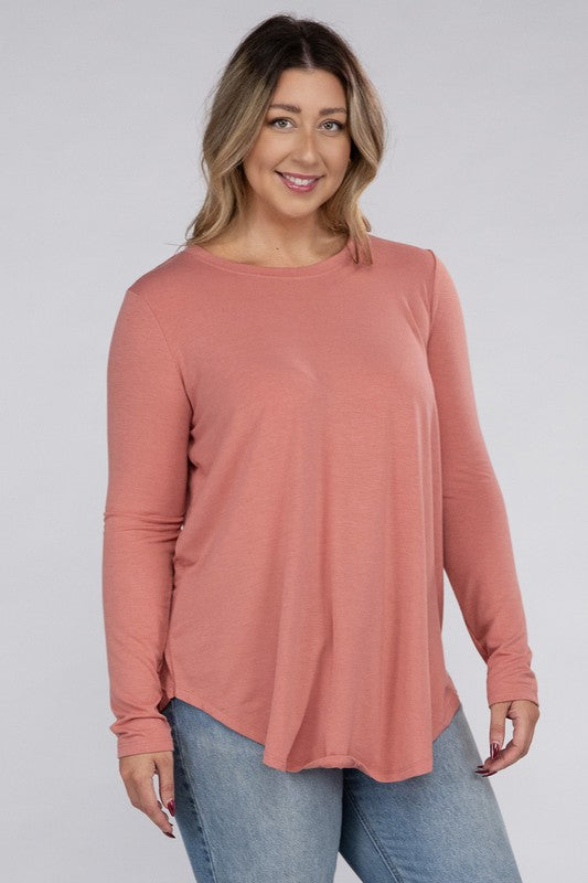 Long Sleeve Round Neck Round Hem Top - PLUS