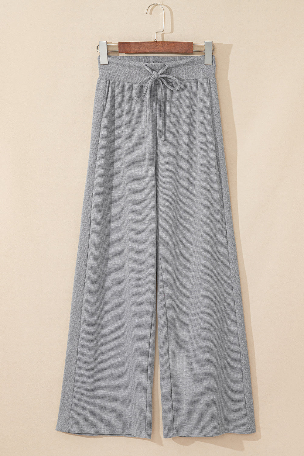 Gray Waffle Knit Drawstring High Waist Wide Leg Pants