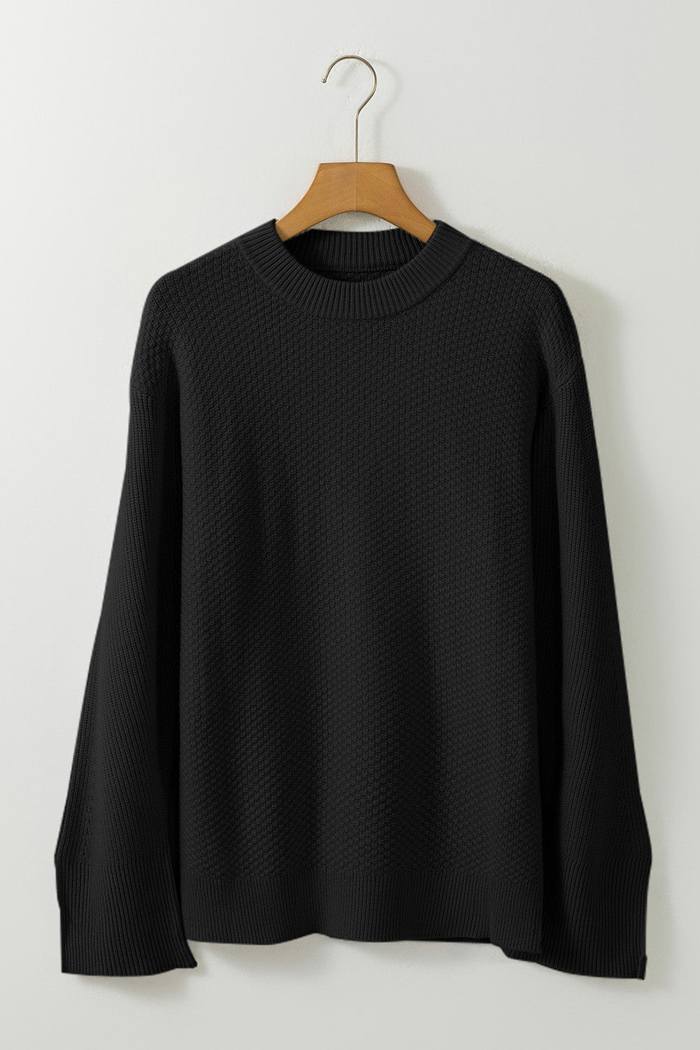 Black Solid Textured Knit Sweater