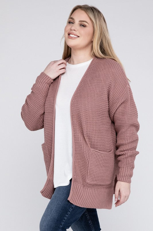 Plus Low Gauge Waffle Open Cardigan Sweater