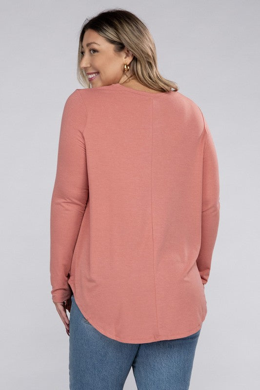 Long Sleeve Round Neck Round Hem Top - PLUS