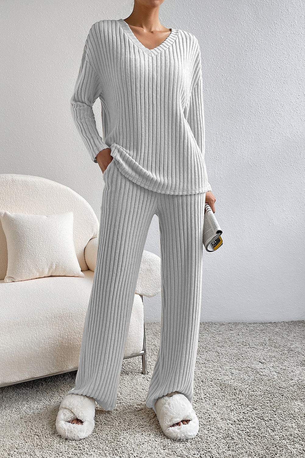 Light Grey Ribbed Lounge Set