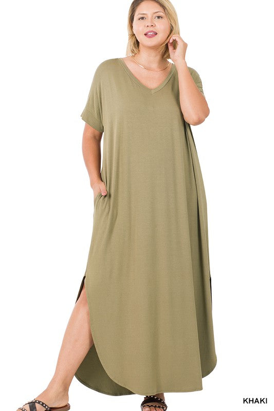 Viscose Side Slit V-Neck Maxi Dress - PLUS