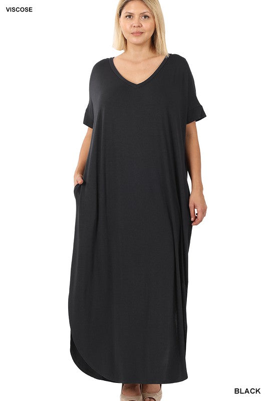 Viscose Side Slit V-Neck Maxi Dress - PLUS