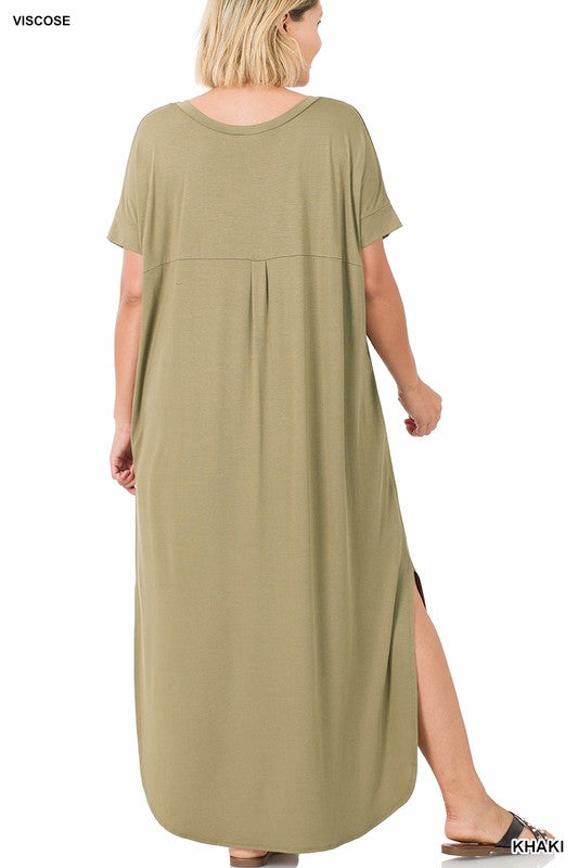 Viscose Side Slit V-Neck Maxi Dress - PLUS