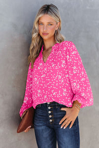 Pink Split Neck Fall Printed Crinkled Blouse
