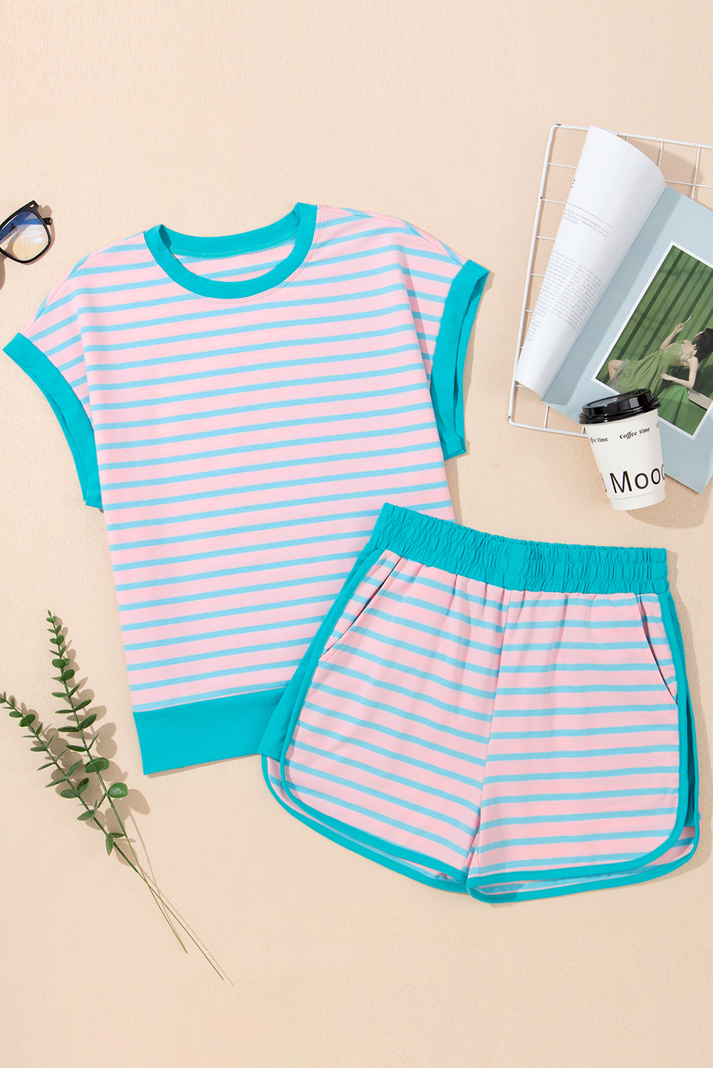 Pink Stripe Color Block Loose Fit Two Piece Shorts Set