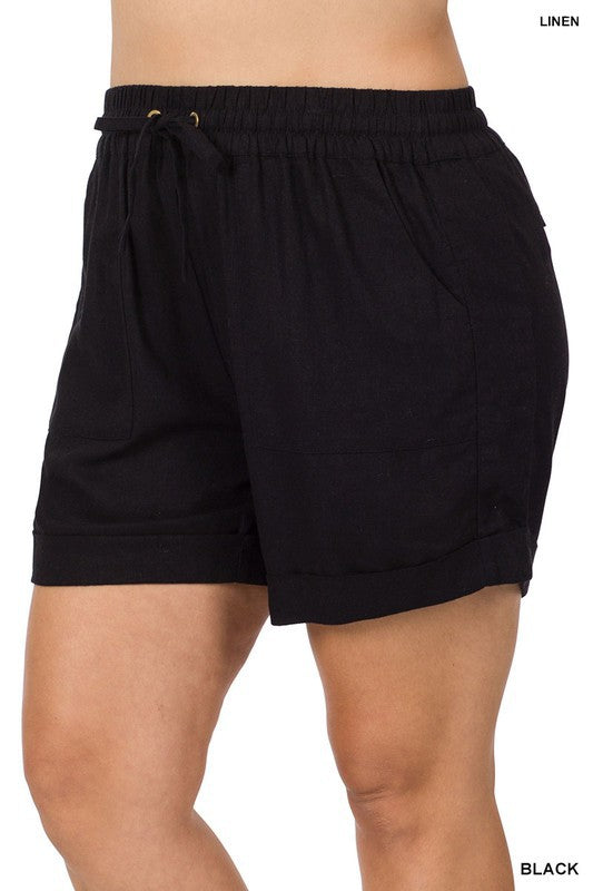 Linen Drawstring-Waist Shorts with Pockets - PLUS