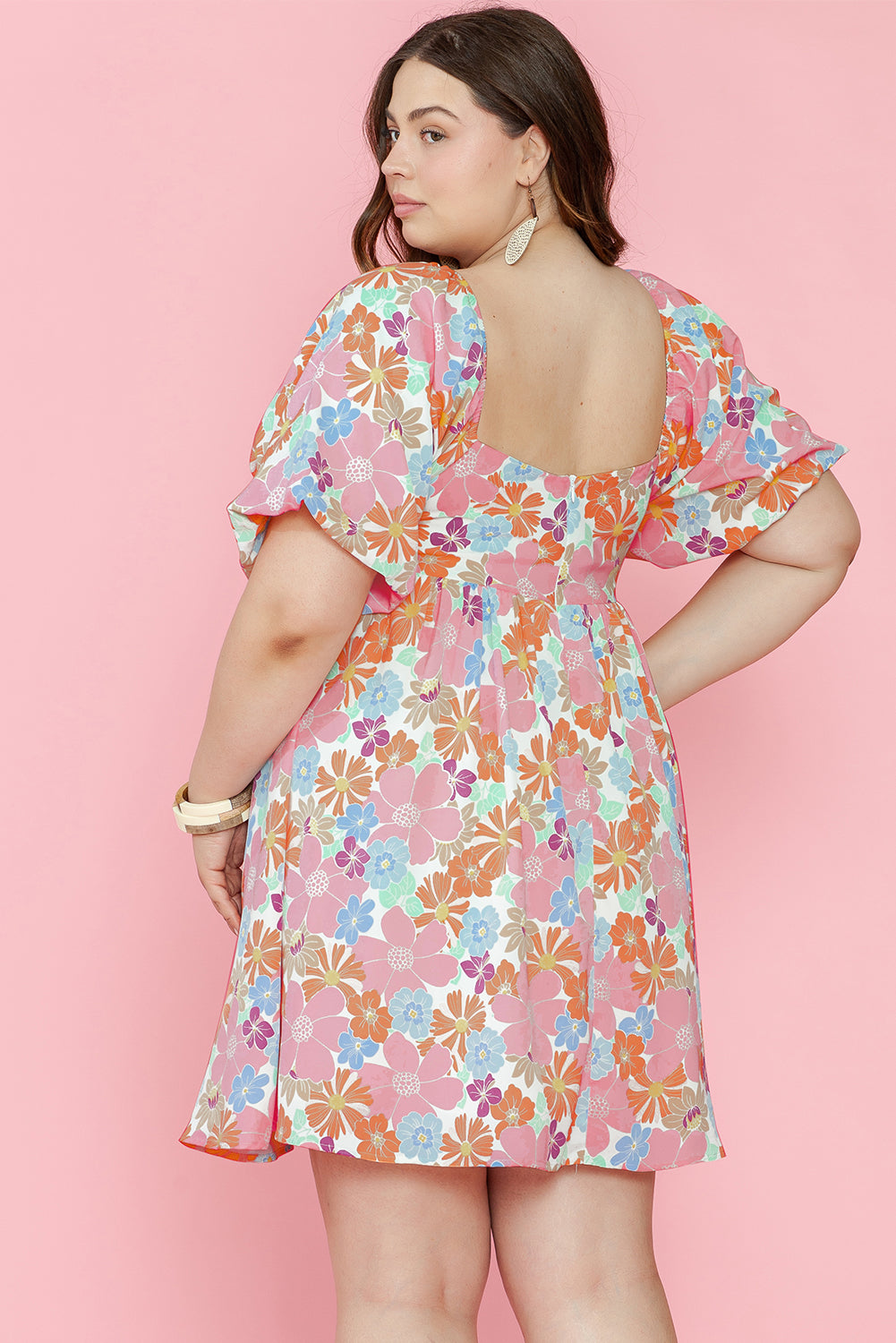 Multicolour Floral Puff Sleeve Dress - PLUS