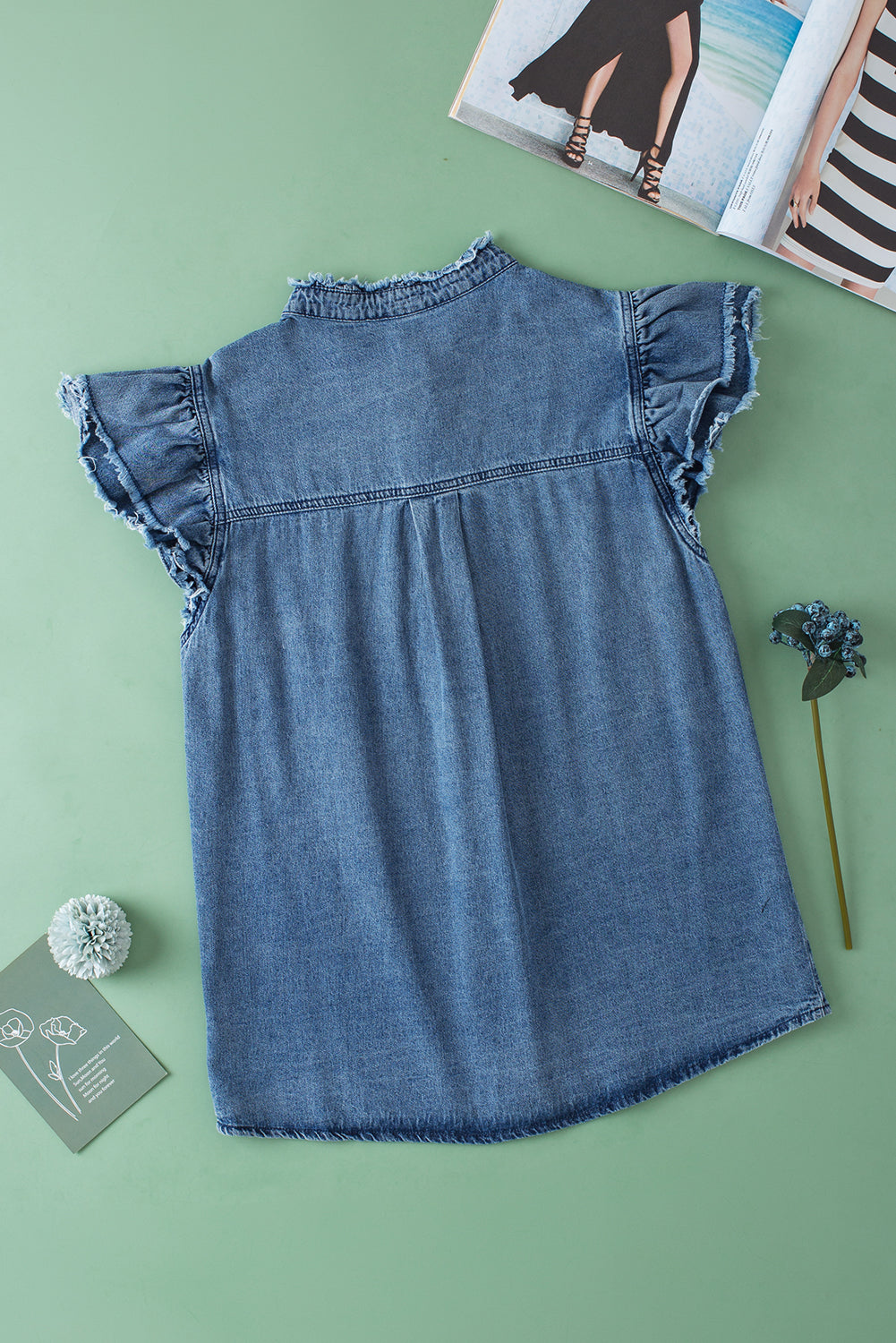 Blue Button Ruffled Denim Top