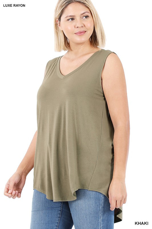 Luxe Rayon Sleeveless V-Neck Hi-Low Hem Top - PLUS