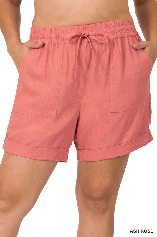 Linen Drawstring-Waist Shorts with Pockets - PLUS