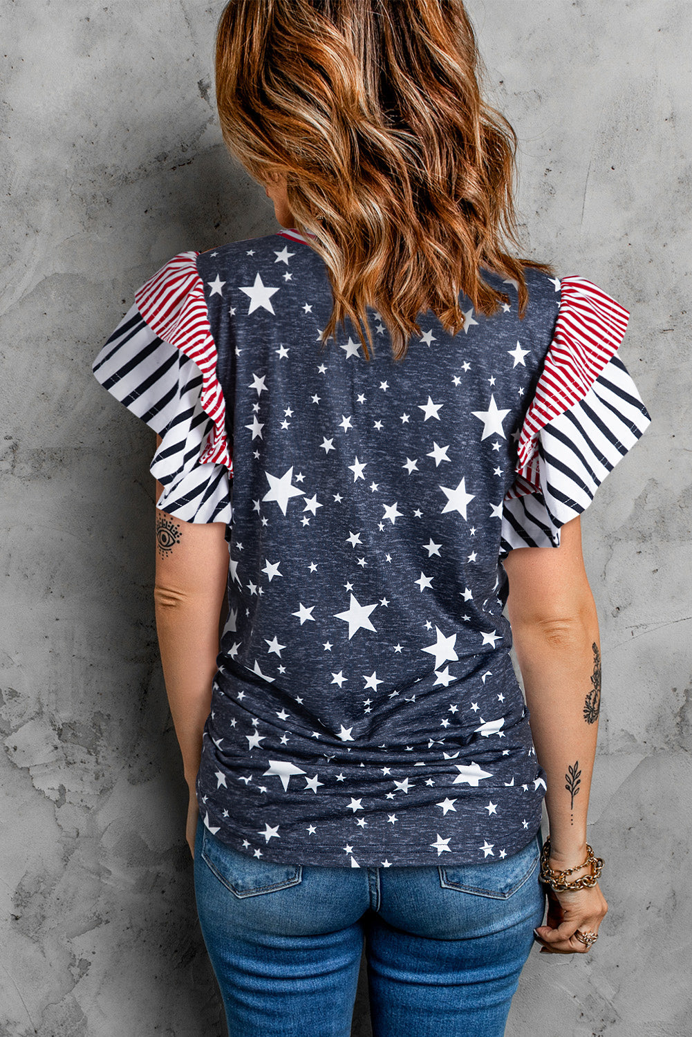 Gray Striped Star Print T Shirt