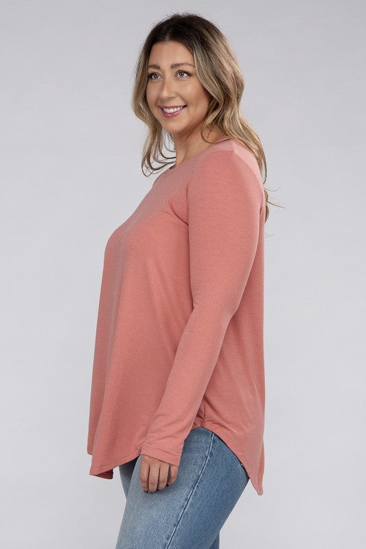 Long Sleeve Round Neck Round Hem Top - PLUS