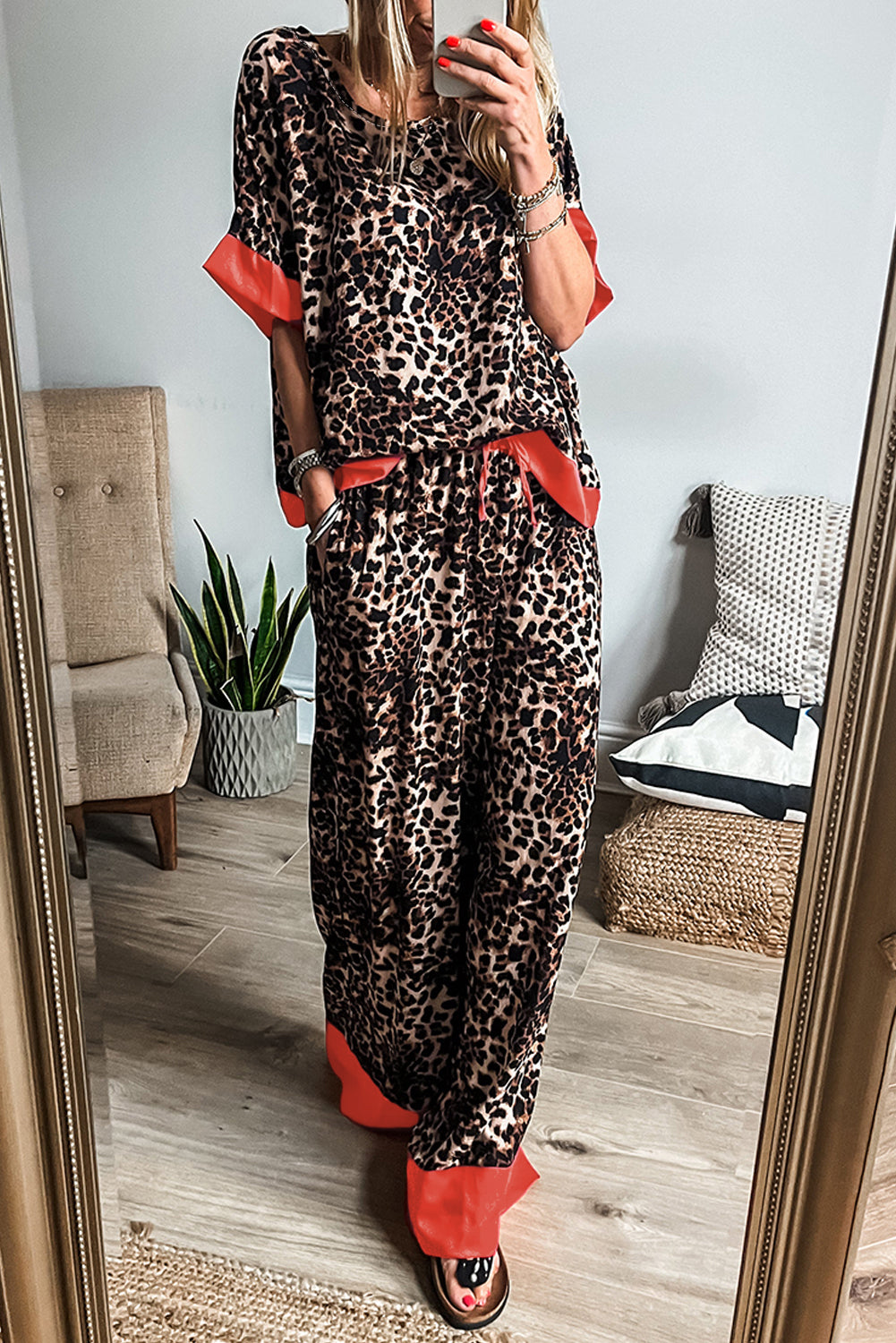 Brown Animal Print Color Contrast Edge Loose Fit Pants Set