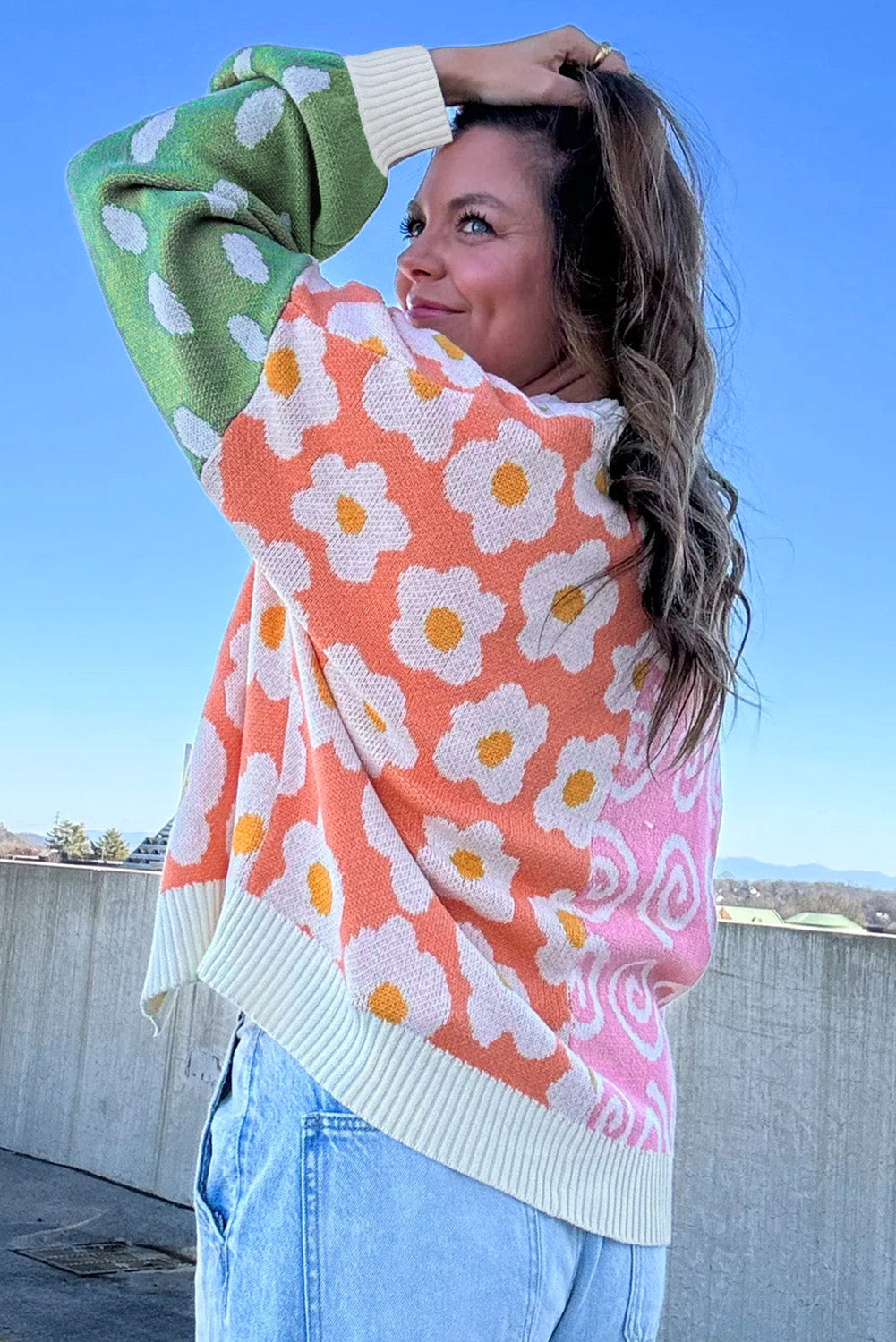 Orange Flower & Dotted Mixed Print Cardigan