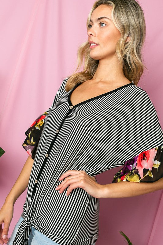 STRIPE FLORAL MIXED RUFFLE TOP