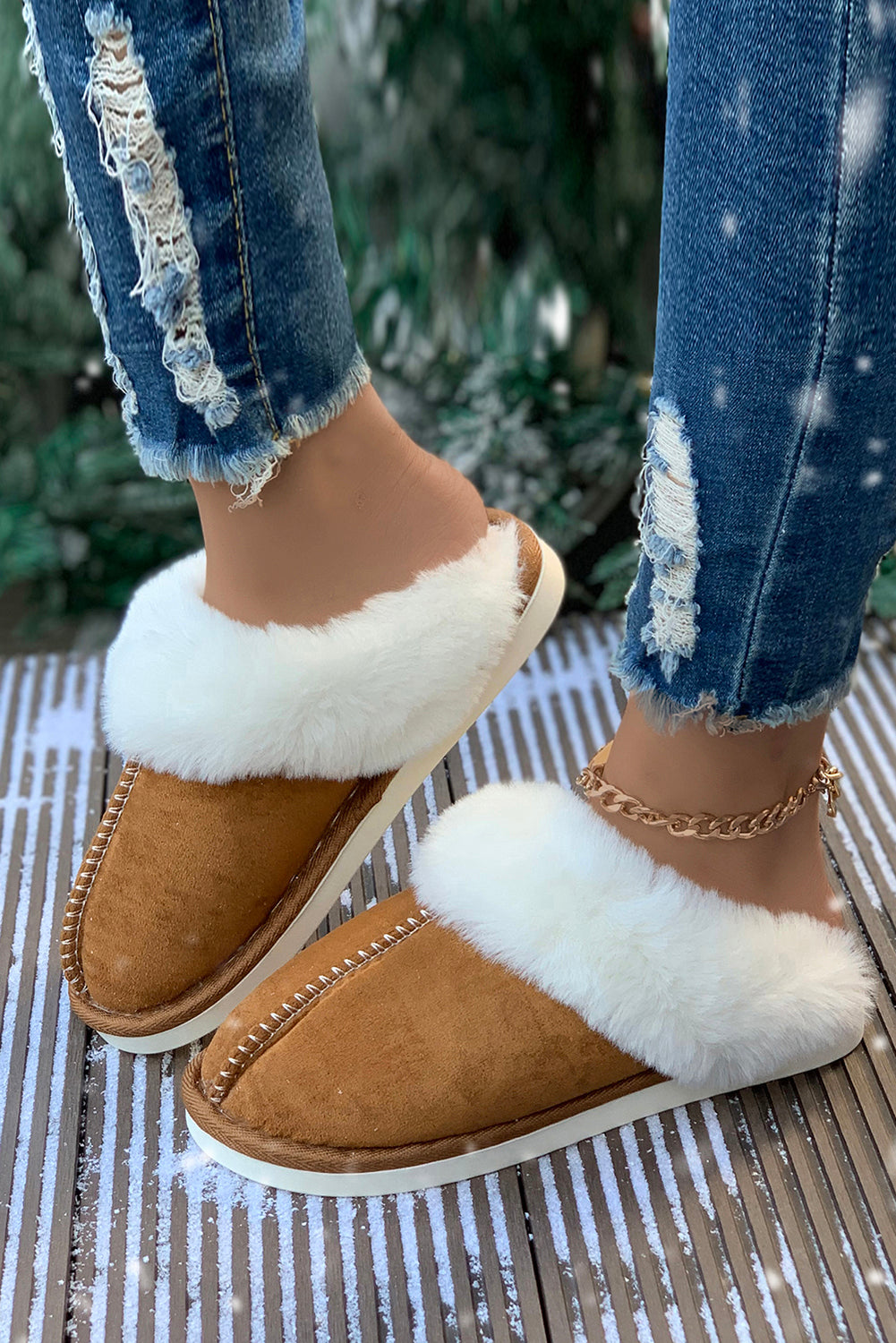 Camel Plush Suede ContrastWinter Home Slippers