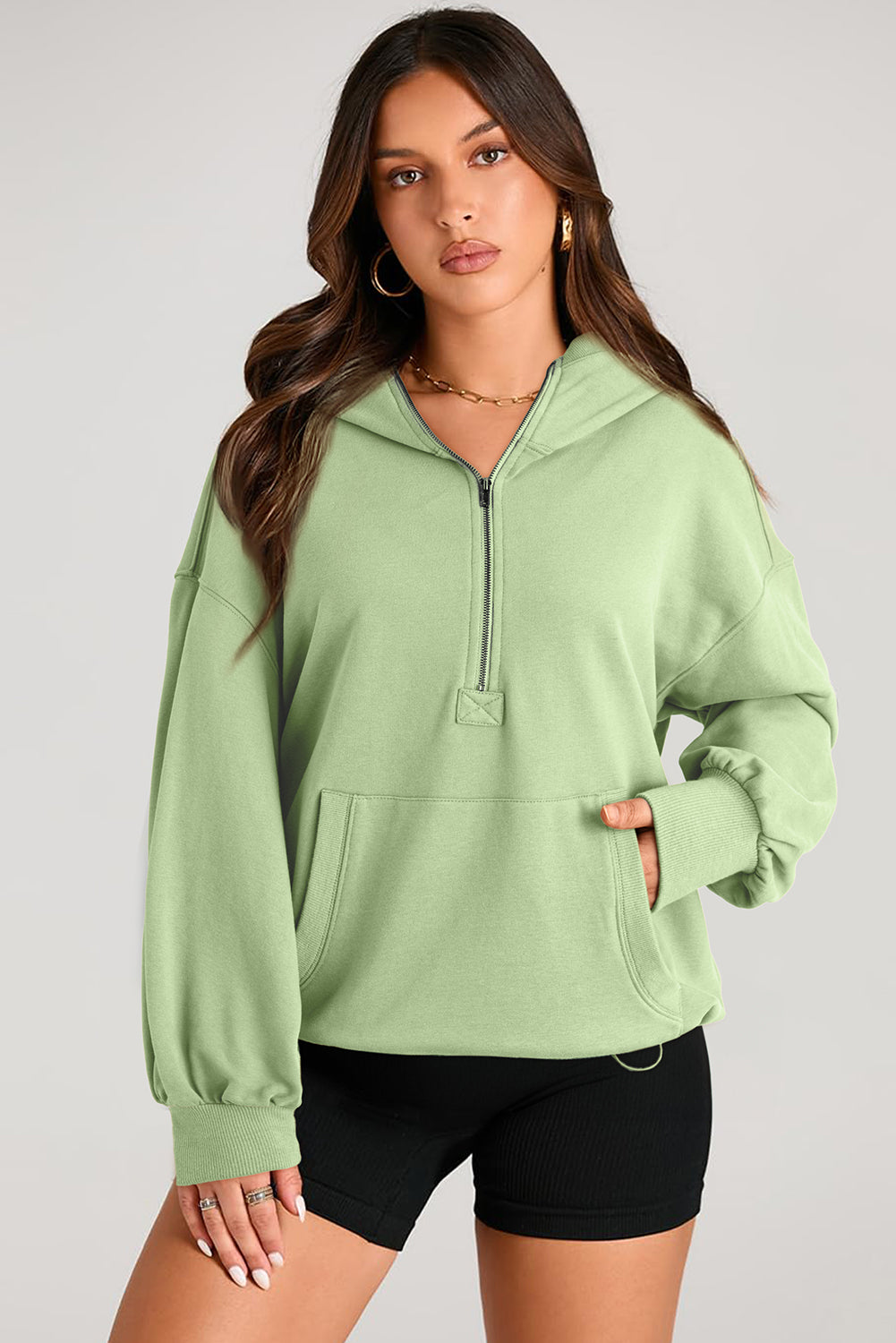 Bonbon Solid Kangaroo Pocket Half Zipper Oversized Hoodie