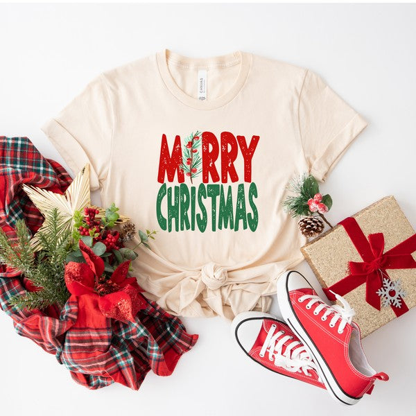 Red And Green Merry Christmas Short Sleeve Tee