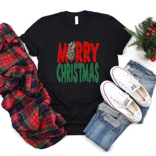 Red And Green Merry Christmas Short Sleeve Tee