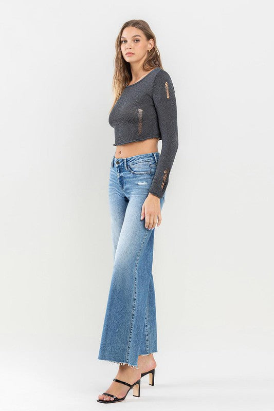 Mid Rise Raw Hem Wide Leg Jeans