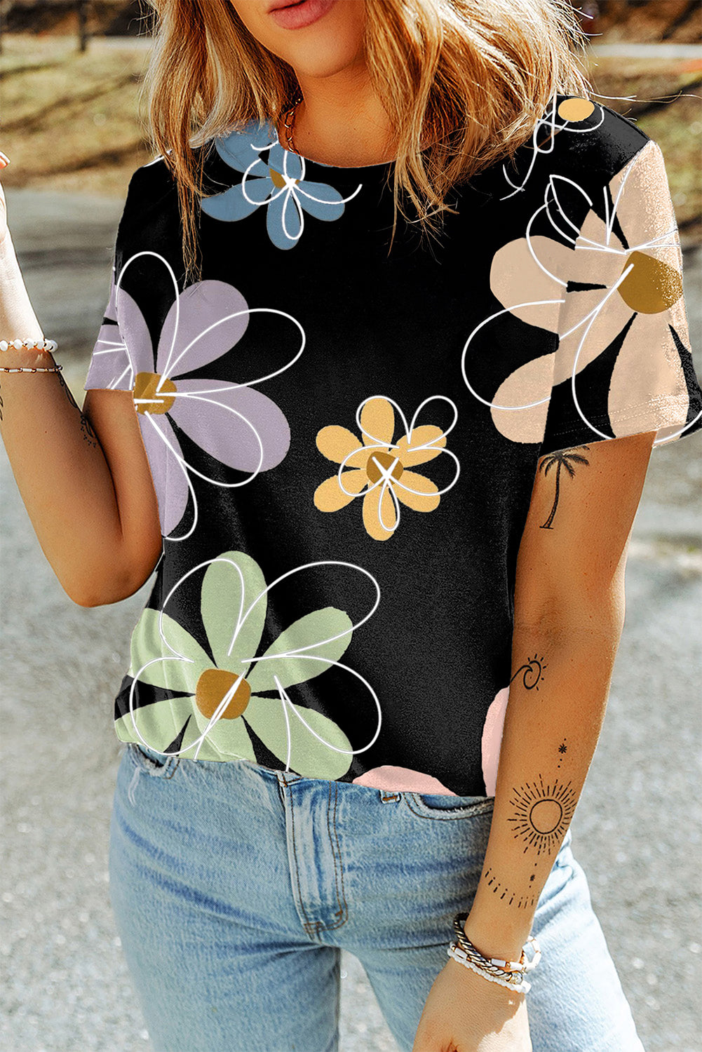 Black Summer Flower Print T Shirt