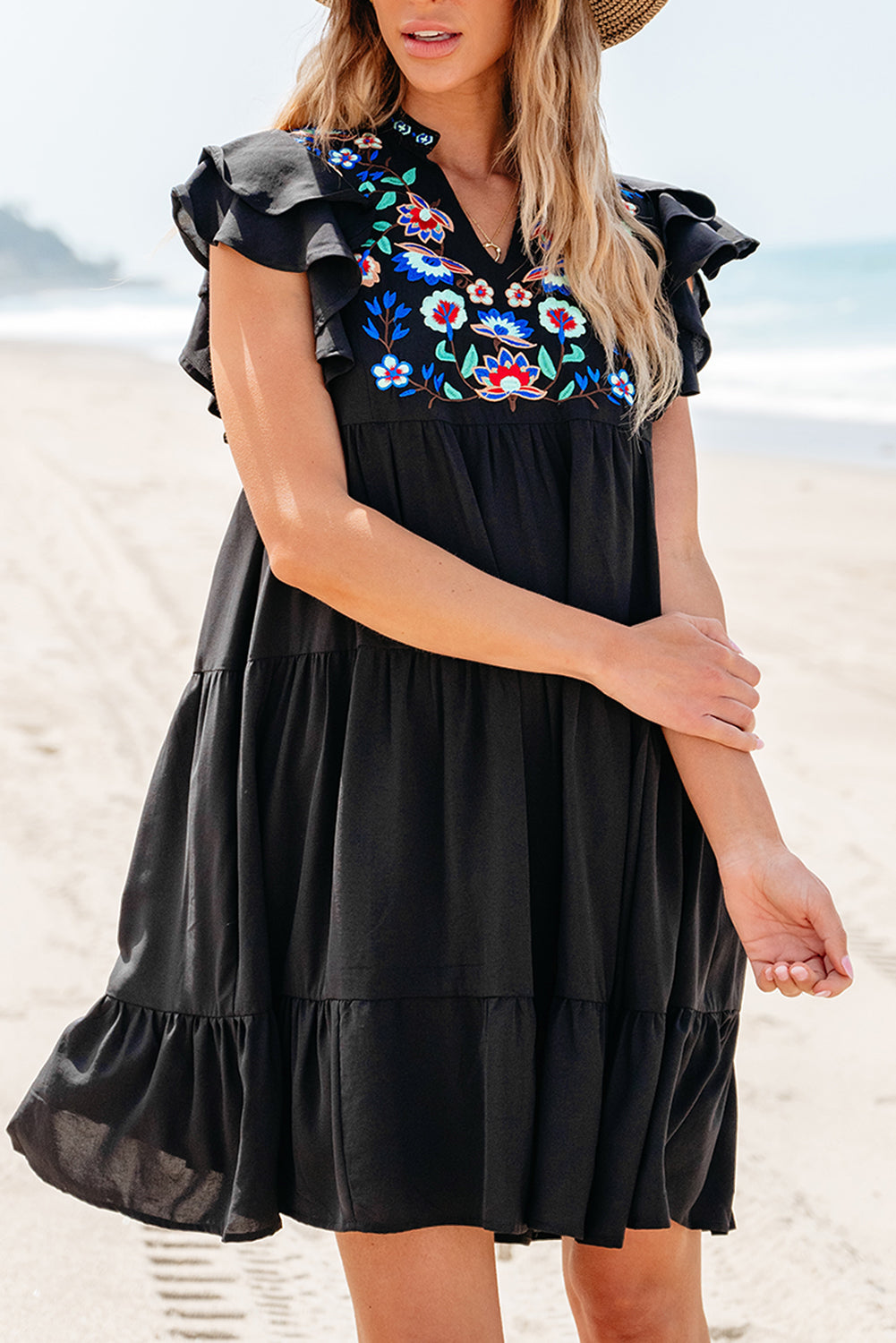 Black Floral Ruffled Mini Dress