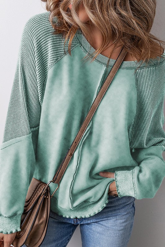 Waffle Patchwork Sleeve Exposed Seam Sweatshirt