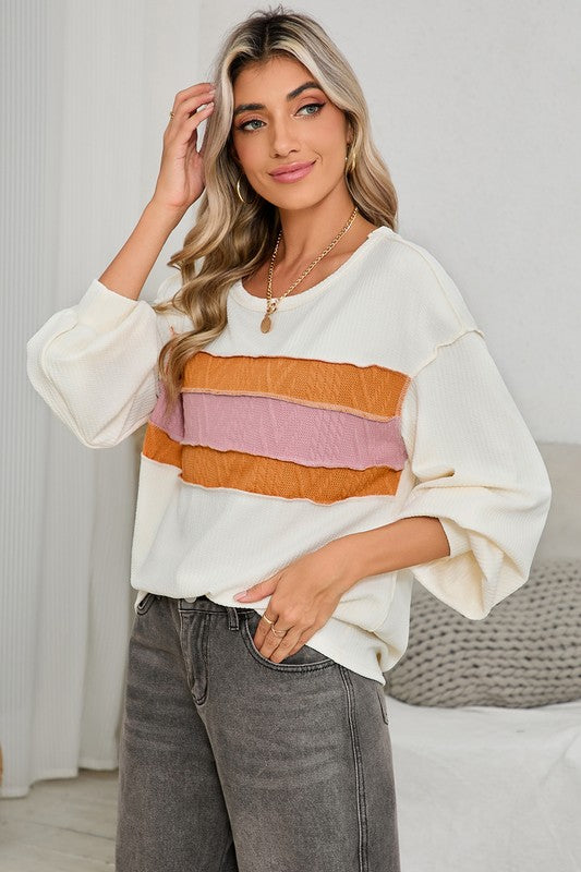 Corded Exposed Seam Patchwork Drop Sleeve Top