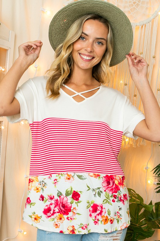 SOLID STRIPE FLORAL JERSEY TOP